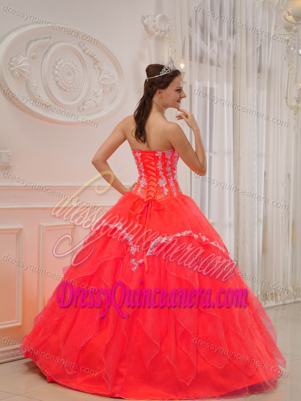 Red Sweetheart Organza Quinceanera Dress with Appliques Decorated on Sale