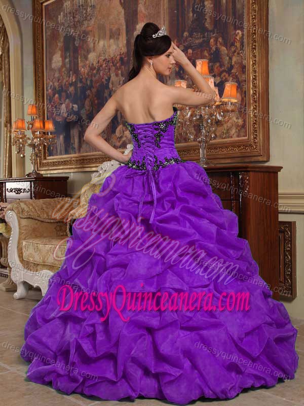 Purple Strapless Taffeta and Organza Beaded Quinceanera Dress with Pick-up