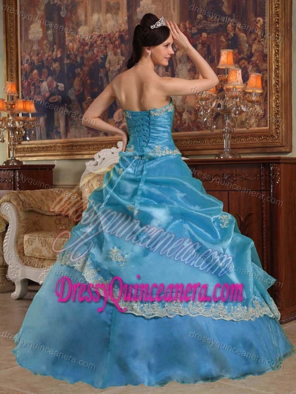 New Blue Sweetheart Organza Quinceanera Dress with Appliques and Pick-up
