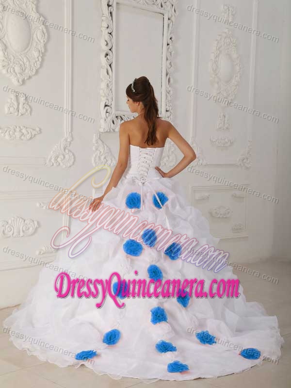 New White Organza Beaded Quinceanera Dress with Pick-ups and Court Train