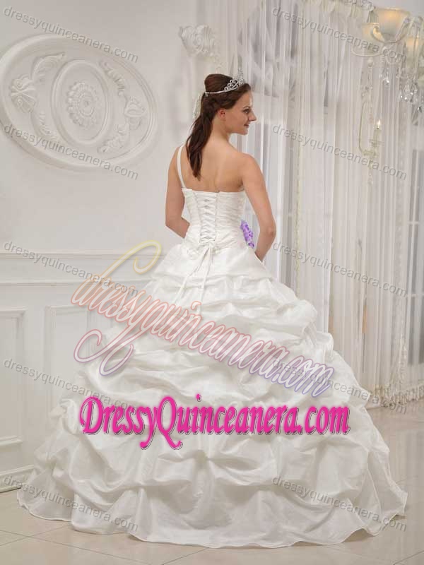 Special White One Shoulder Taffeta Beaded Quinceanera Dress with Flowers