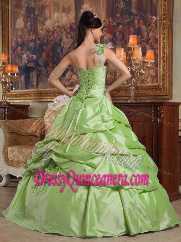 New Green One Shoulder Taffeta Quinceanera Dress with Hand Made Flowers