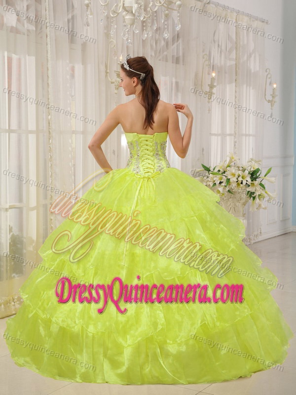 Yellow Strapless Taffeta and Organza Quinceanera Dress Beaded with Flowers