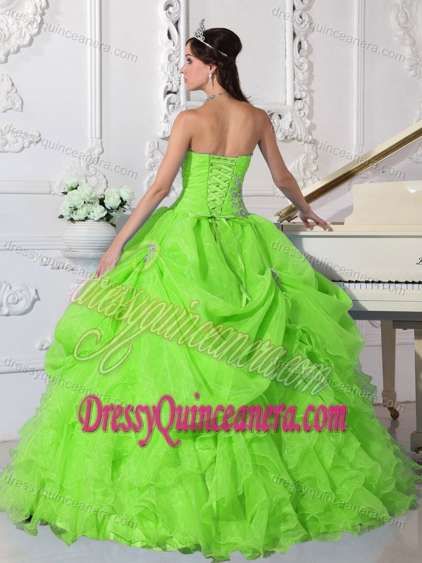 Spring Green Strapless Organza Beaded Quinceanera Dress with Ruffled Layers