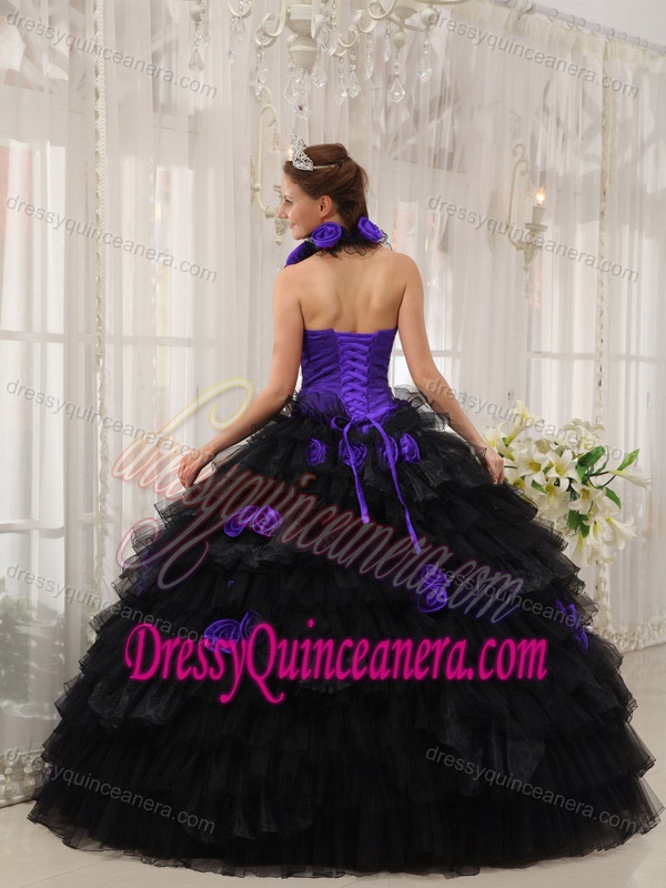 Purple and Black Halter Top Wonderful Quinceanera Gowns with Flowers