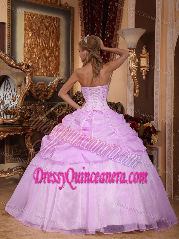 Strapless Organza Lavender Lace-up Elegant Quinces Dress with Appliques