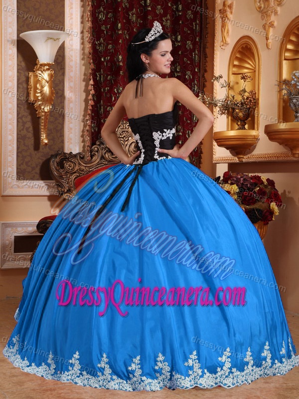 Popular Halter-top V-neck Organza Quinceanera Dress in Blue and Black