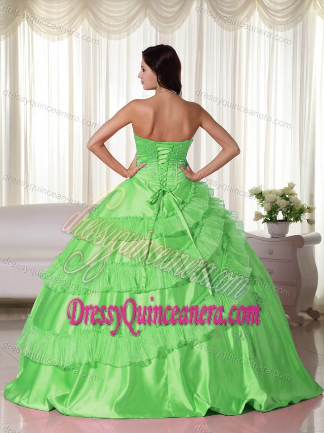 Spring Green Taffeta Romantic Long Quinceanera Gowns with Embroidery