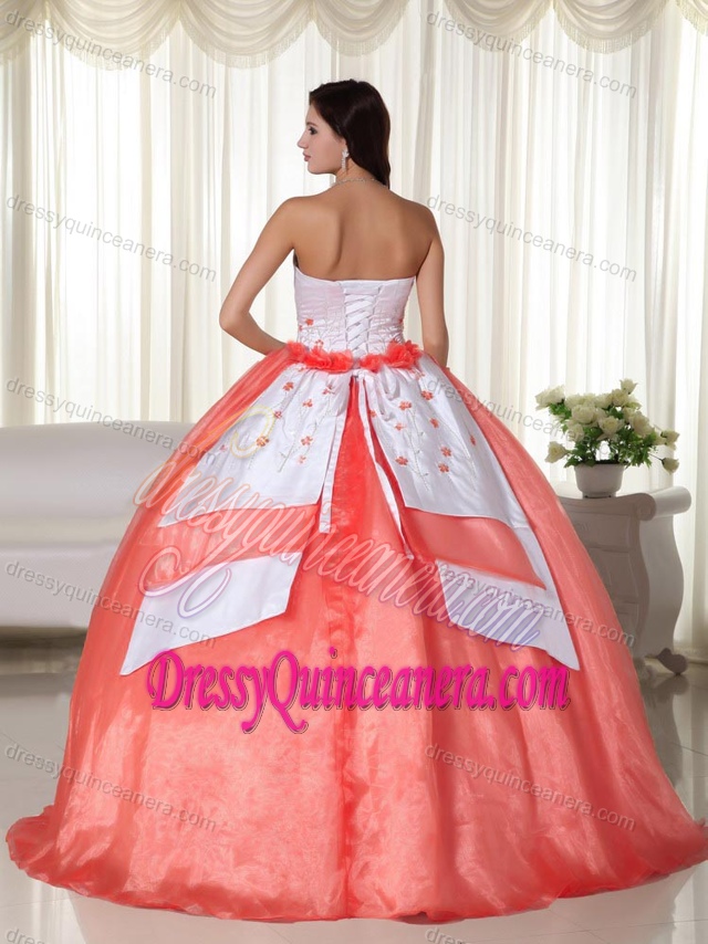 Fashionable Lace-up Embroidered Quinceanera Gown in Orange and White