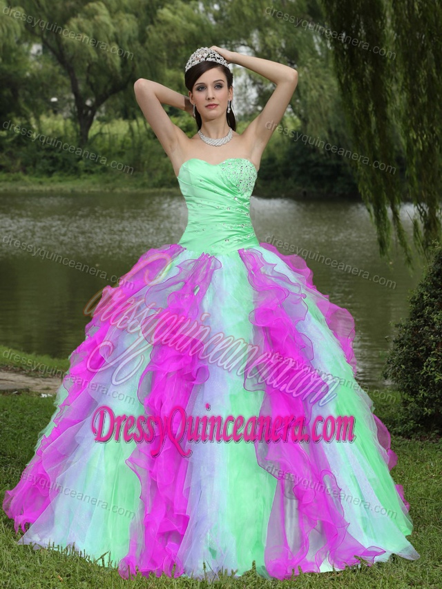 Beaded Lace-up Organza Impressive Long Quinceanera Gown in Multi-color