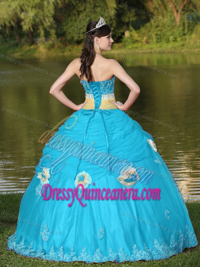 Attractive Tulle Strapless Aqua Blue Beaded Quince Dresses with Flowers