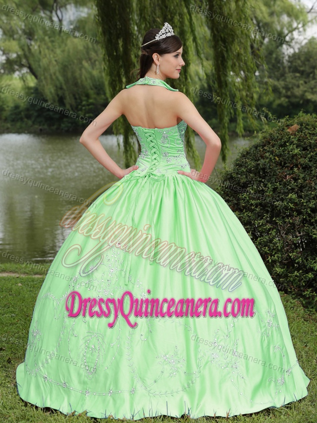 Apple Green Halter-top Beaded Satin Magnificent Quinces Dress under 250