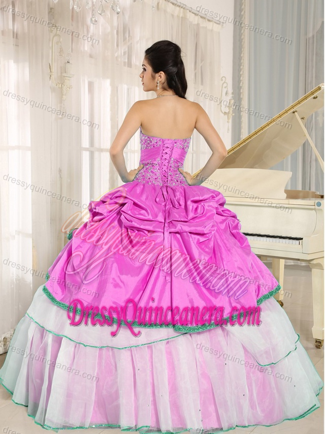 Pink and White Beaded Sweet Sixteen Quinceanera Dresses with Pick-ups