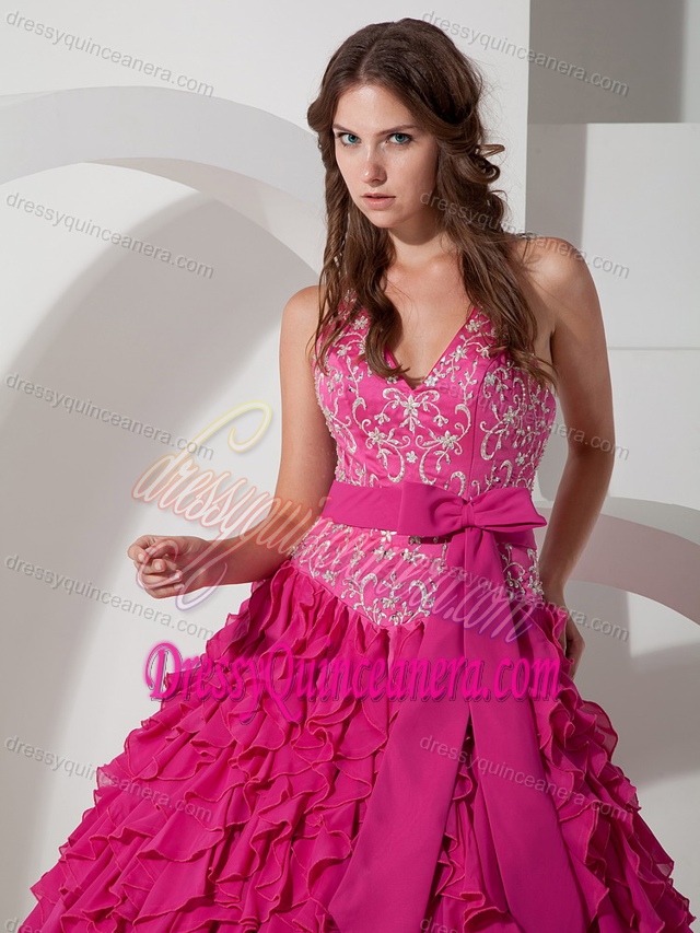 Sexy Halter Chiffon Embroidered Quinceanera Gown Dress in Hot Pink