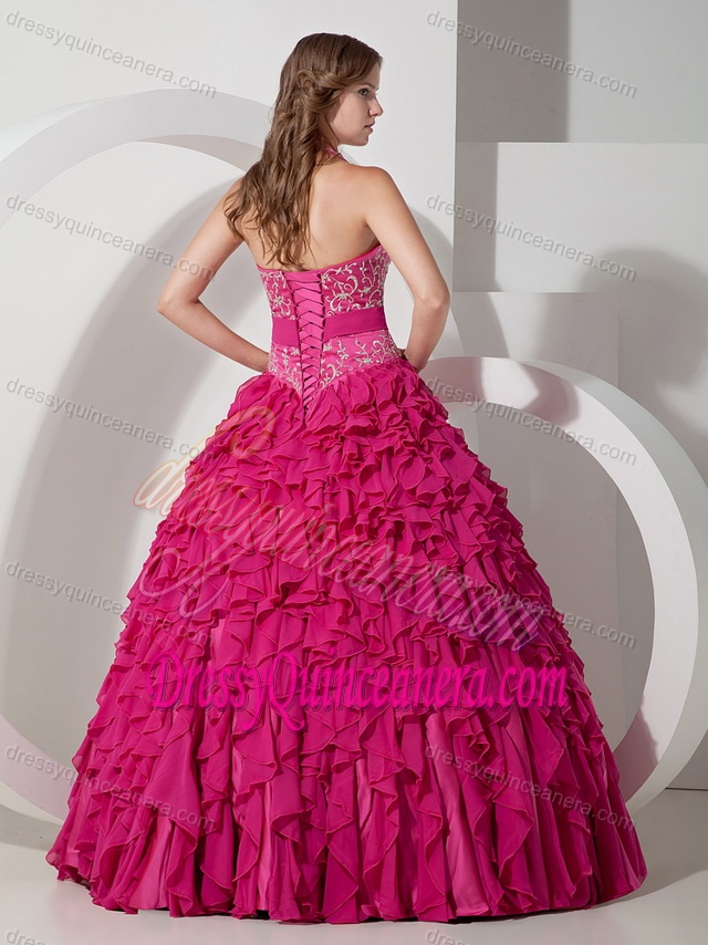 Sexy Halter Chiffon Embroidered Quinceanera Gown Dress in Hot Pink