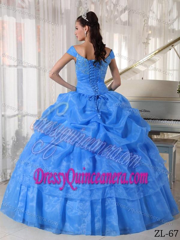 Blue Off the Shoulder Taffeta and Organza Beaded Quinceanera Dresses