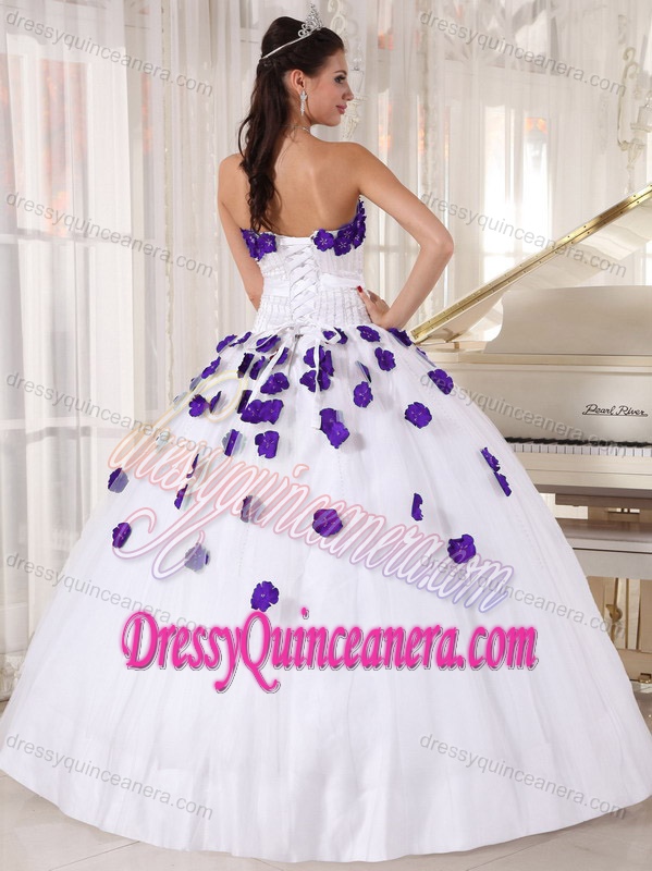 Unique White Tulle Beaded Quinceanera Dress with Hand Made Flowers