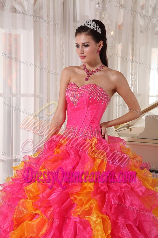 Hot Pink and Orange Organza Sequined Quinceanera Dress with Ruffles