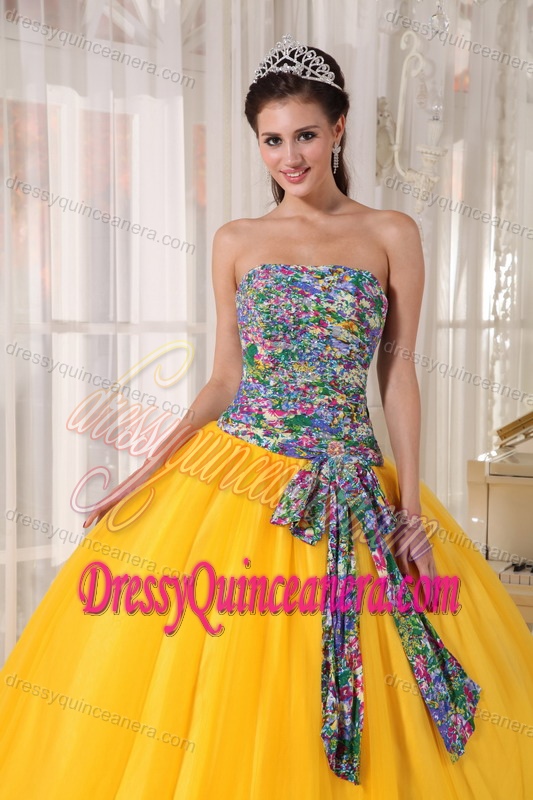 Tulle Sequined Quinceanera Gown Dress for 2015 in Yellow with Printing