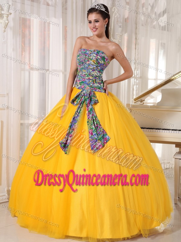 Tulle Sequined Quinceanera Gown Dress for 2015 in Yellow with Printing
