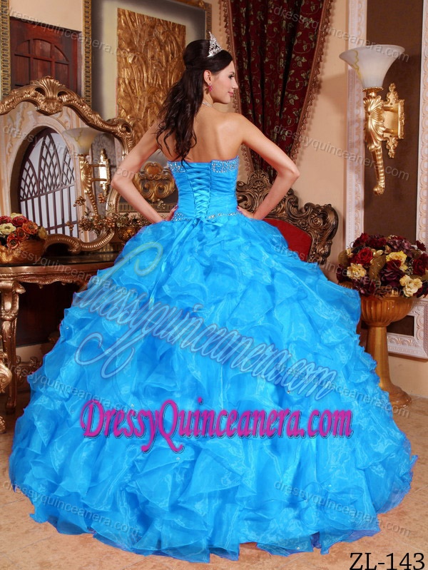 Aqua Blue Sweetheart Organza Quinceanera Gown Dress with Beading