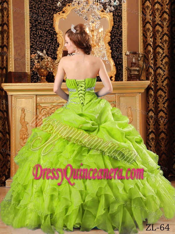 2015 Organza Beaded Ruffled Quinceanera Gown Dress in Yellow Green