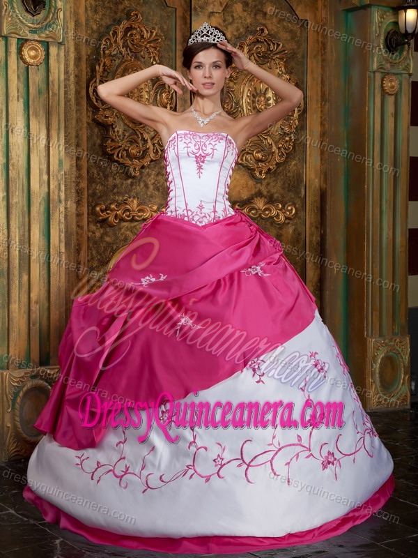 Noble Strapless Embroidered Satin Quinceanera Gown Dress in Fuchsia