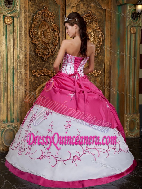 Noble Strapless Embroidered Satin Quinceanera Gown Dress in Fuchsia