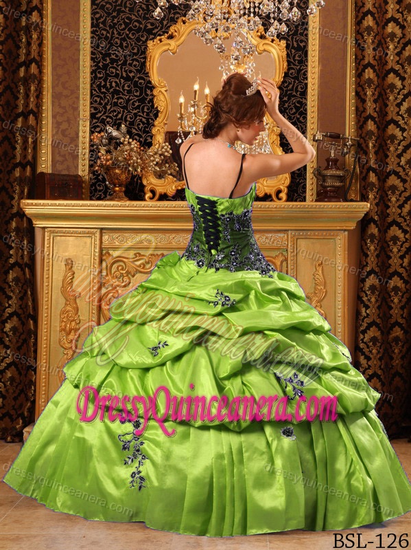Yellow Green Taffeta Appliqued 2012 Quinceanera Dress with Pick-ups