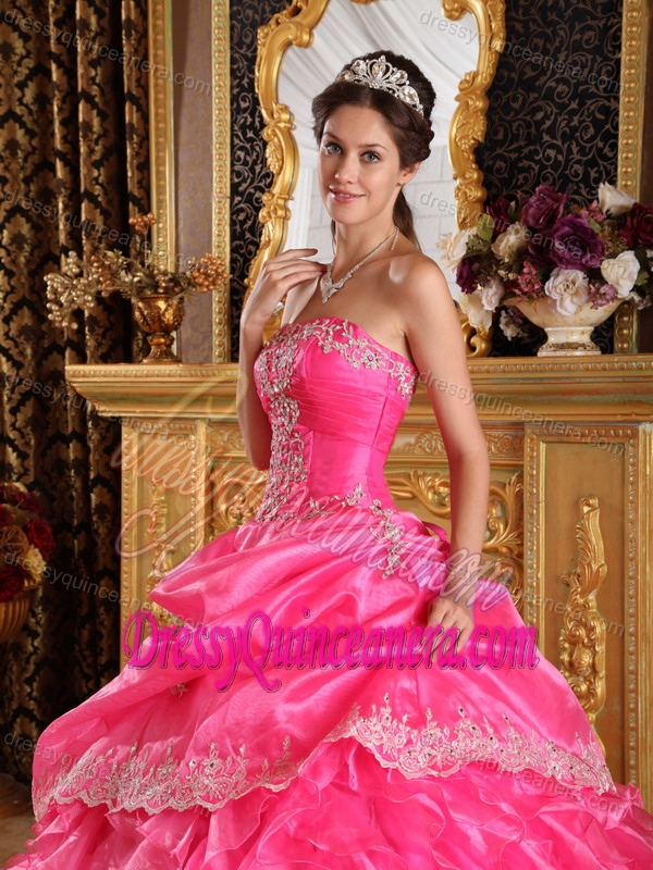 Chic Hot Pink Strapless Quinceanera Gown Dresses for 2015 in Organza