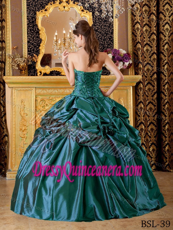 Dark Green Taffeta Appliqued Quinceanera Gown for 2012 with Pick-ups