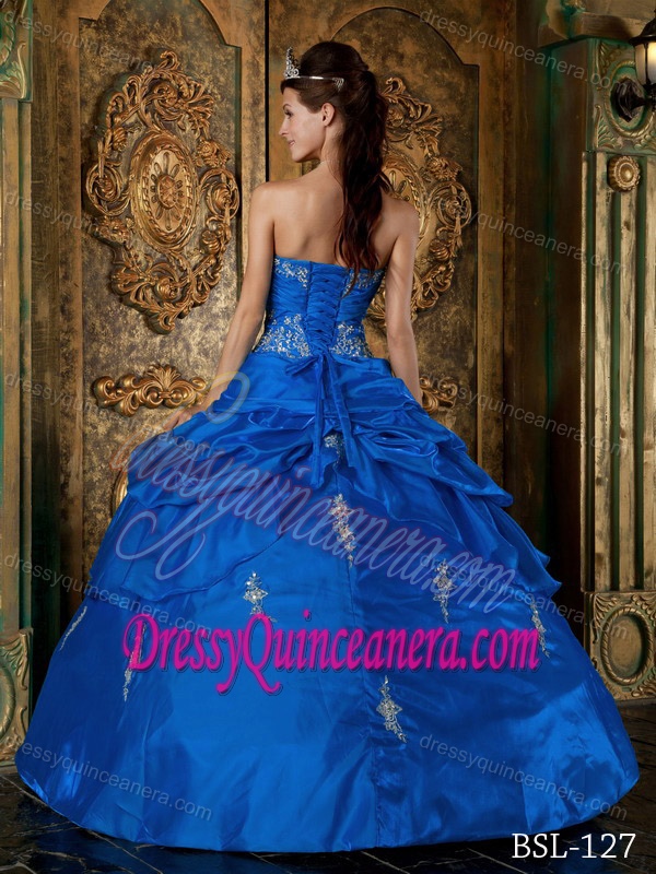 Vintage Taffeta Appliqued Quinceanera Gown Dress in Blue with Pick-ups