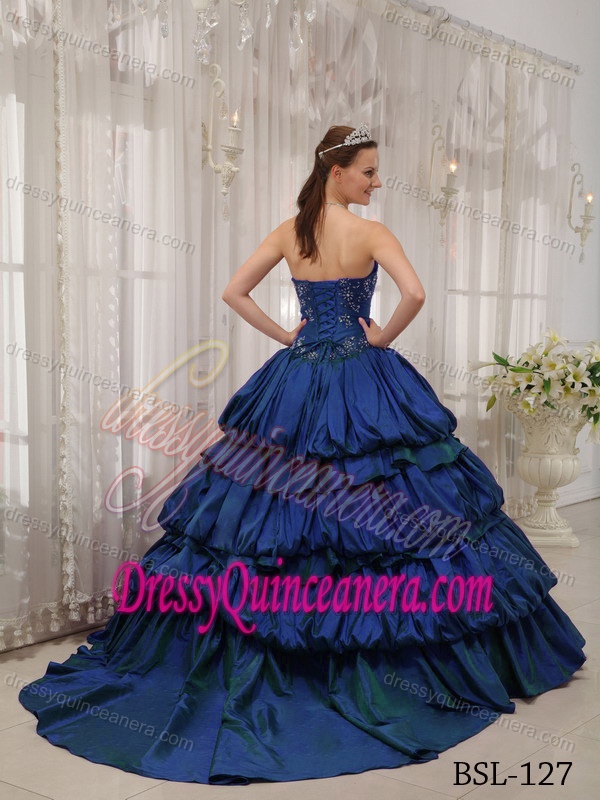 Blue Sweetheart Taffeta Appliqued Quinceanera Dresses with Court Train