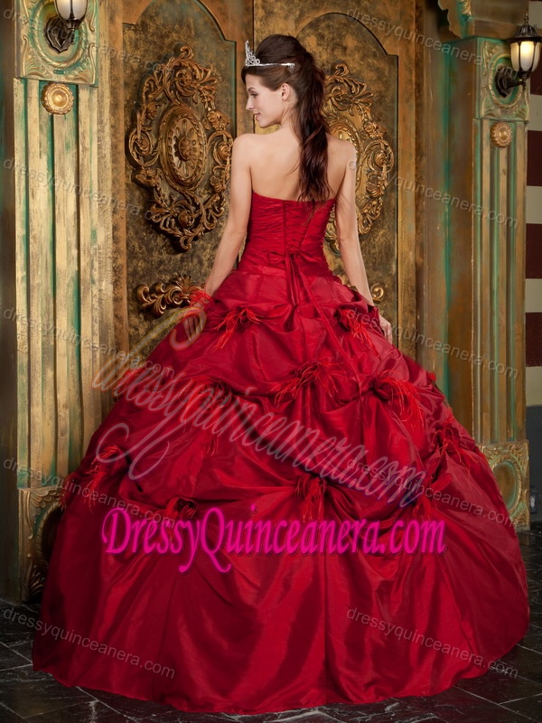 Red Taffeta Quinceanera Dress with Hand Made Flowers and Pick-ups