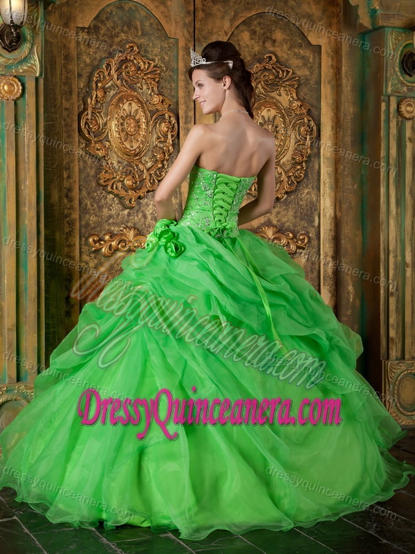 Spring Green Organza Beaded Quinceanera Dresses with Hand Flowers