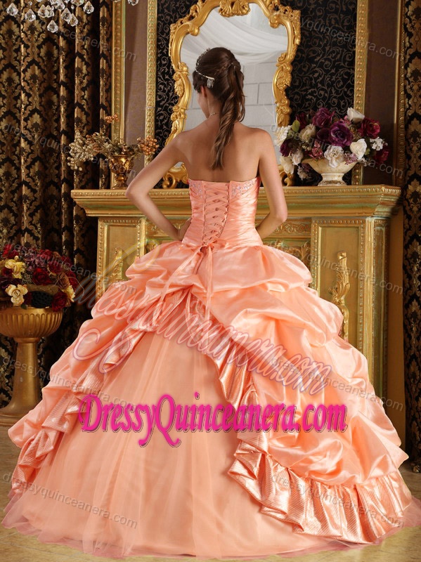 Unique Pink Taffeta and Tulle Beaded Quinceanera Gown with Pick-ups