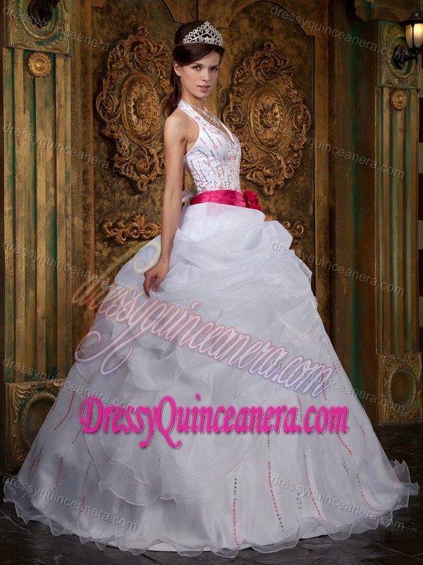 Halter White A-line Organza Beading Quinceanera Dress with Belt on Promotion