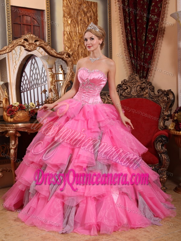 Low Price Strapless Pink Ball Gown Beading Sweet 15 Dresses with Ruffles