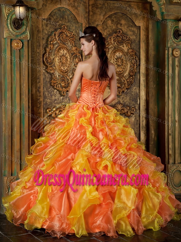 Orange and Yellow Strapless Organza Ruffled Dress for Quince with Appliques