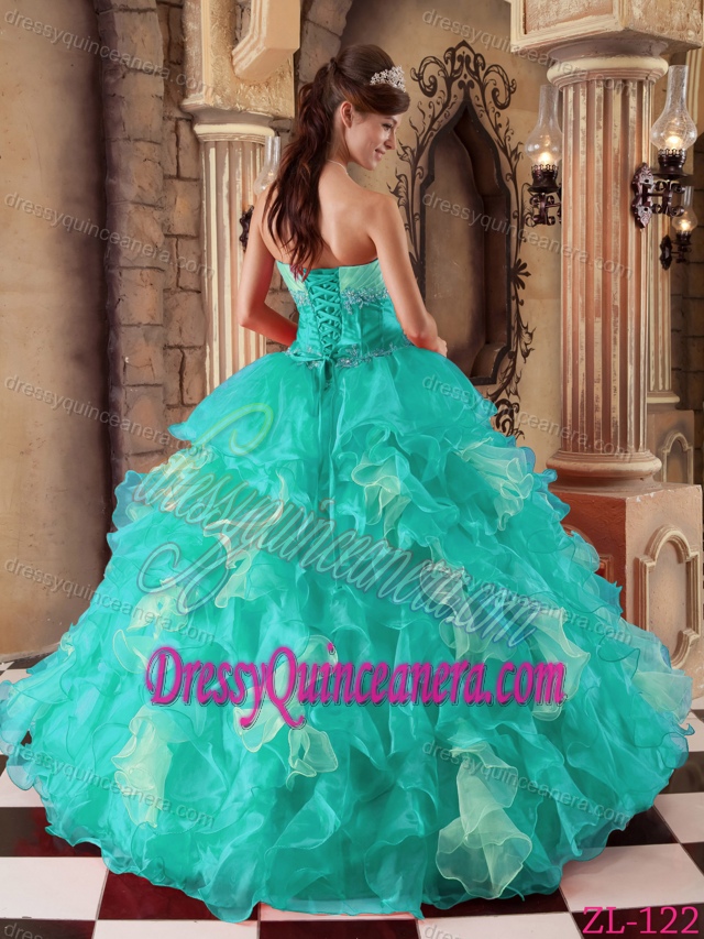 Green Strapless Organza Beading Appliques Quinceanera Dress with Ruffles