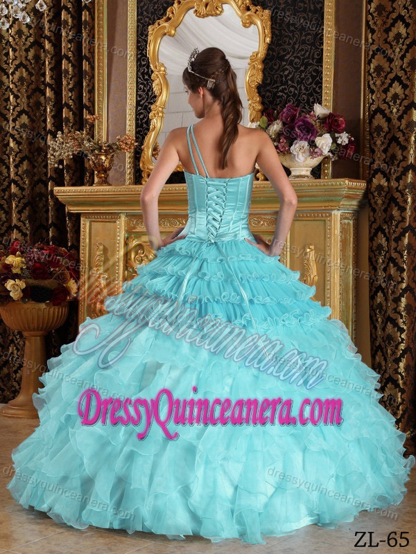 One Shoulder Satin and Organza Beading Ruffled Sweet 15 Dresses in Mint Green