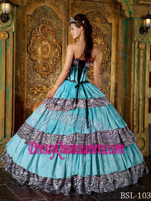 Luxurious Sweetheart Zebra Print Ruffled Layers Quinces Dresses in Turquoise