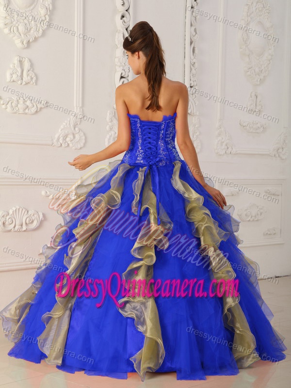 Ruffled Strapless Beading Appliques Blue Sweet Sixteen Quinceanera Dresses