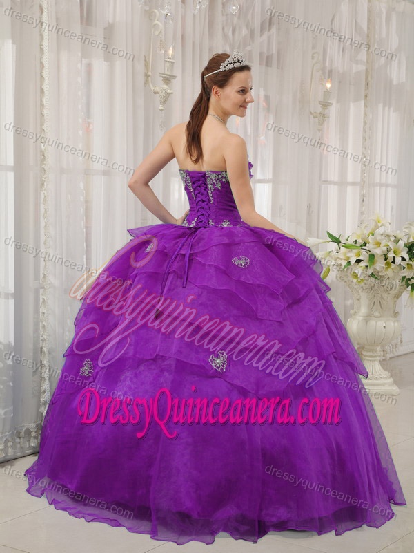 Purple Strapless Organza Beading Quinceanera Gown Dress with Appliques