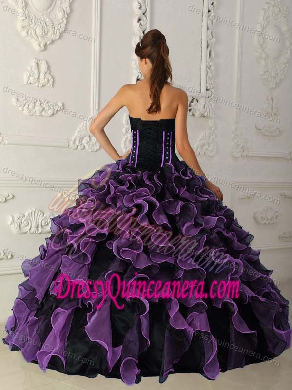 Beading Sweetheart Purple and Black Organza Ruffled Sweet Sixteen Dresses