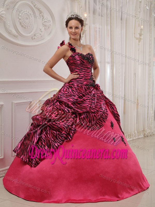 Zebra Print One Shoulder Appliques and Beading Sweet 16 Dress in Hot Pink