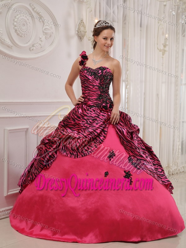 Zebra Print One Shoulder Appliques and Beading Sweet 16 Dress in Hot Pink