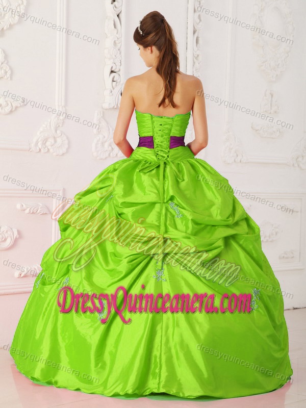 Lime Green Strapless Ball Gown Taffeta Beading and Sash Quinceanera Dress