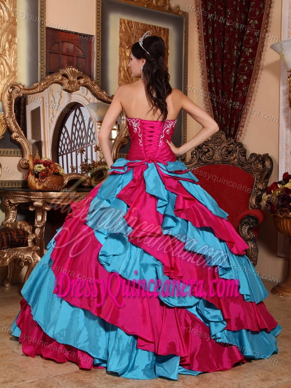 Strapless Taffeta Beading Quinceanera Gown Dress in Aqua Blue and Hot Pink