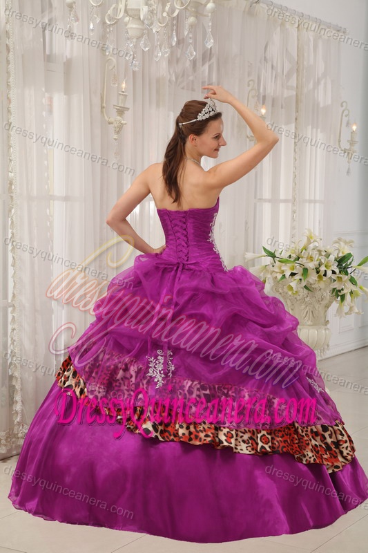 Fuchsia Ball Gown Sweetheart Leopard Print Appliques Quinceanera Dress